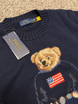   Ralph Lauren Navy USA Bear Sweater Knit Women Sz S-M USA Shipping  