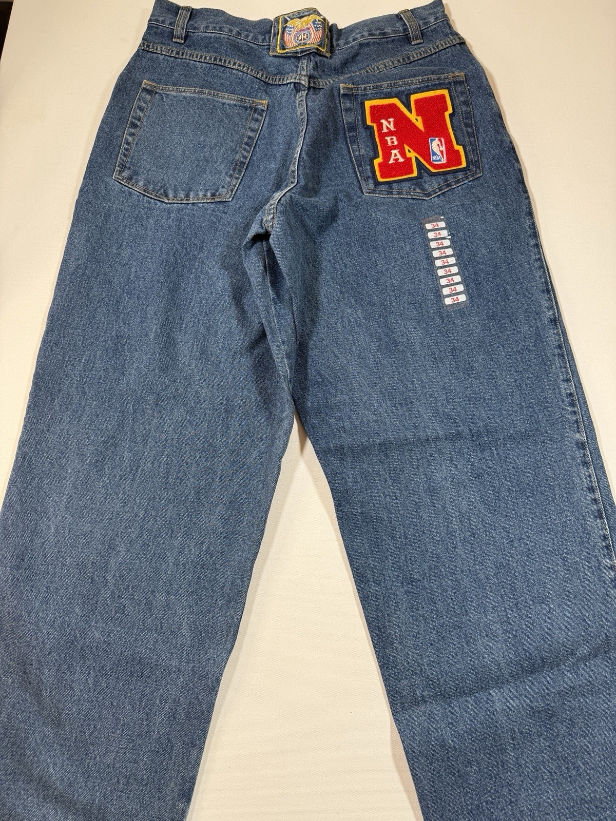 Vintage Jeff Hamilton Jeans Mens 34x34 Blue Denim NBA AOP Patchwork 90s Logo NWT