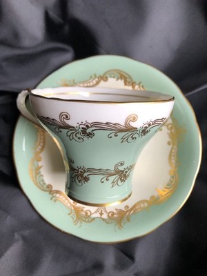 Vintage Aynsley C1551 Sage Seafoam Green Gold Filigree Corset Teacup & Saucer