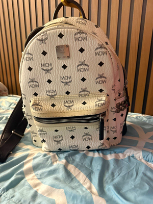 #ad MCM Logo White Mini Backpack Studded Sides Zip Closure Outer Pocket Silver $250.00