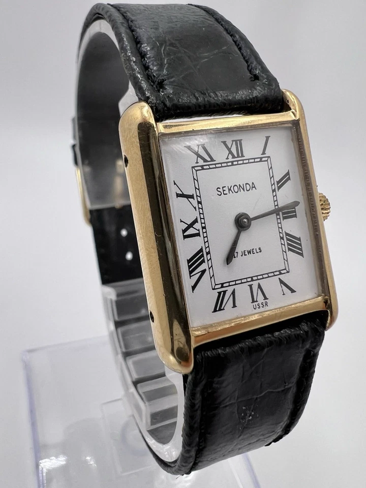 Reloj Tanque Vintage Tono Dorado Sekonda URSS Para Hombre Elegante Números Romanos Elegante Gent Foto 3 de 4