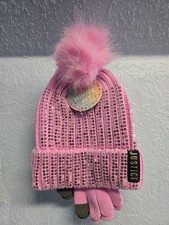 Justice Girl’s Sequin Ribbed Beanie Hat and Gloves 2-Piece Set, Pom Pink  NWT
