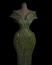 Green Mermaid Sparkly Silver Crystals Evening Party Dress Customized Prom Dress