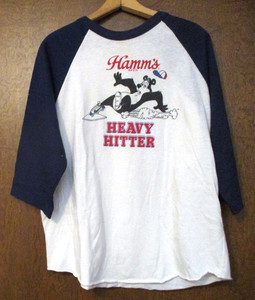 RARE VINTAGE HAMM'S BEER HEAVY HITTER BASEBALL BEAR ADVERTISING 3/4 SLEEVE SHIRT