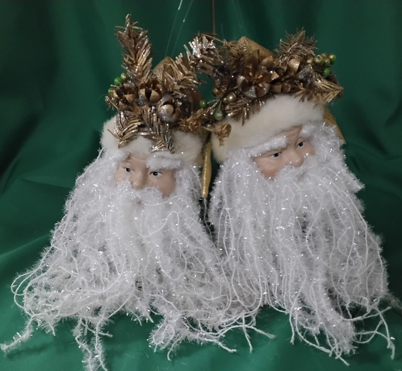 2 Vintage Plastic Faces Gold/White/Ivory Santa Head Christmas Tree Ornaments