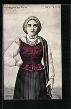Polnisches Mädchen in Tracht mit Weste und Perlenkette, Ansichtskarte 1918 