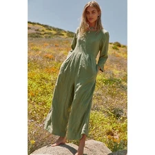 FREE PEOPLE Giant Kelp Linen Blend Shiloh Jumpsuit Wide Leg Keyhole Size L NEW