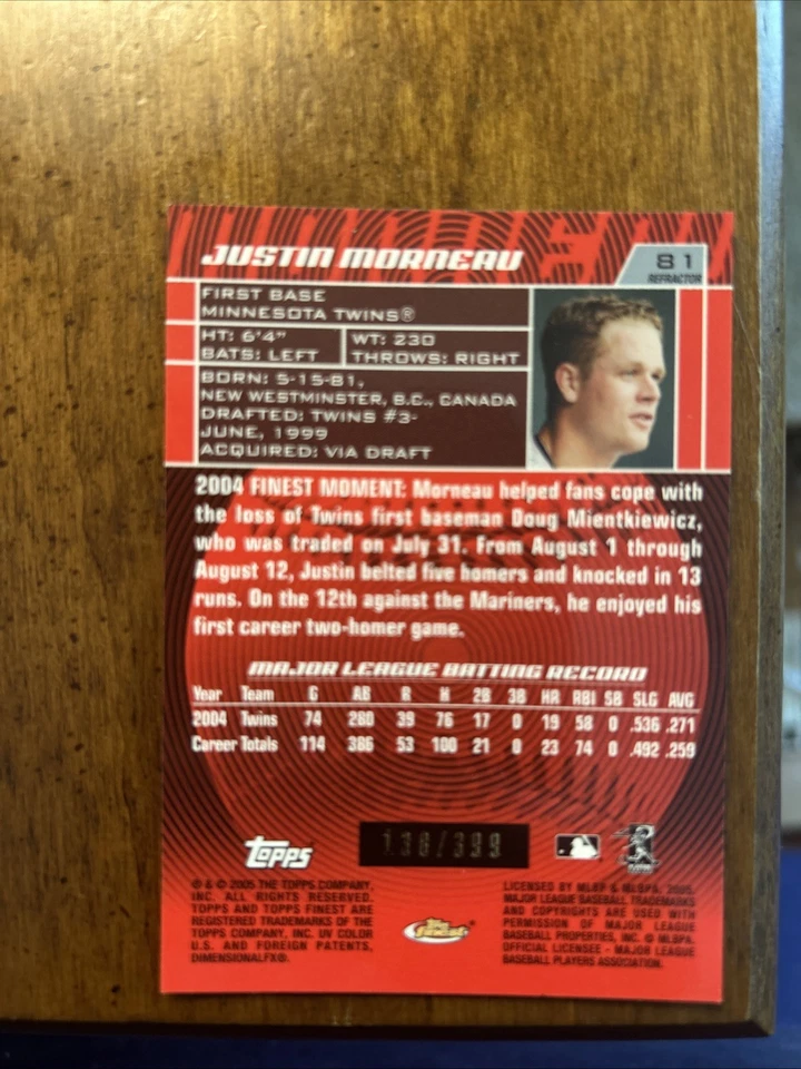 2005 Topps Finest - Justin Morneau #81 Refractor /399 - Image 2 of 3