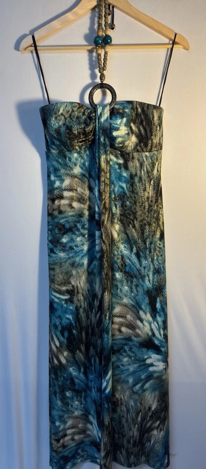 R&M Richards Halter Maxi Dress Abstract Metallic Print Size S Formal Y2K