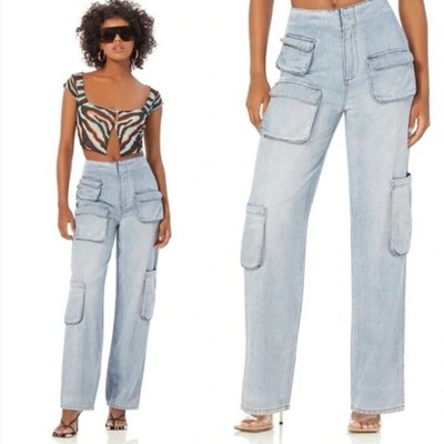 NWT AFRM Sigmund High Rise Wide Leg Cargo Jean in Blue Light Wash Women s 27