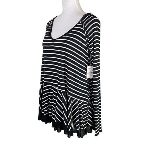 Free People S NWT Tangerine Stripe Black & White Peplum Swing Long Sleeve Top - Picture 3 of 12