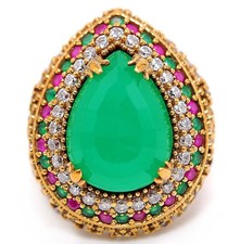 Ottoman Empire Style 15CT Treated Emerald 925 Sterling Silver Ring Sz 8 BT2