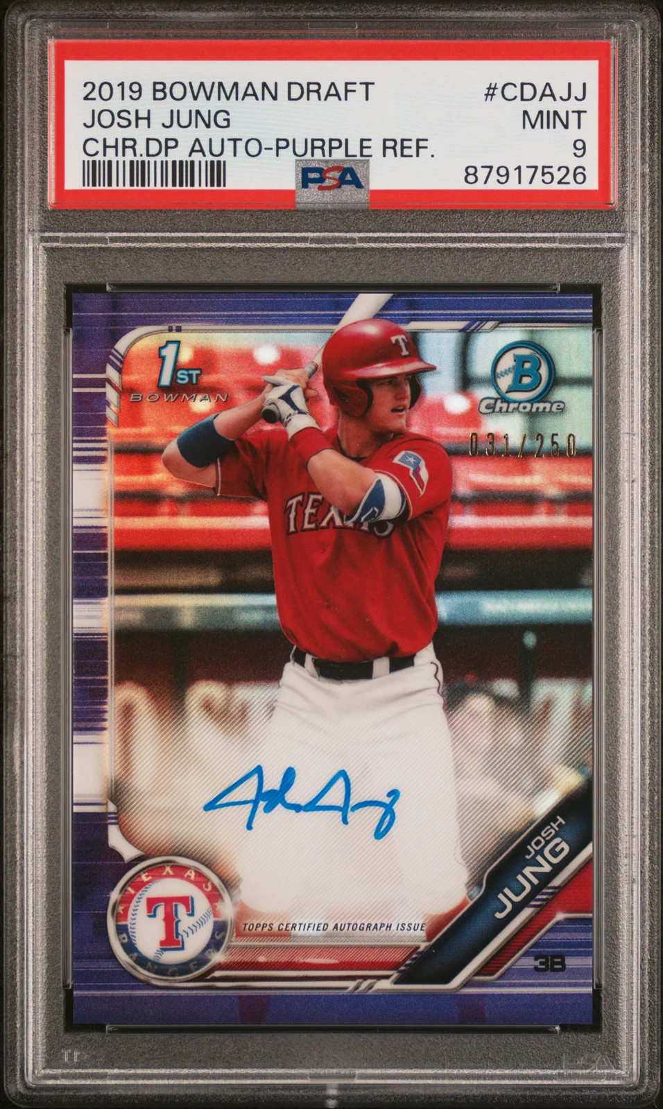 2019 Bowman Draft Chrome Auto Josh Jung #CDAJJ CHR. DP Purple 031/250 PSA 9