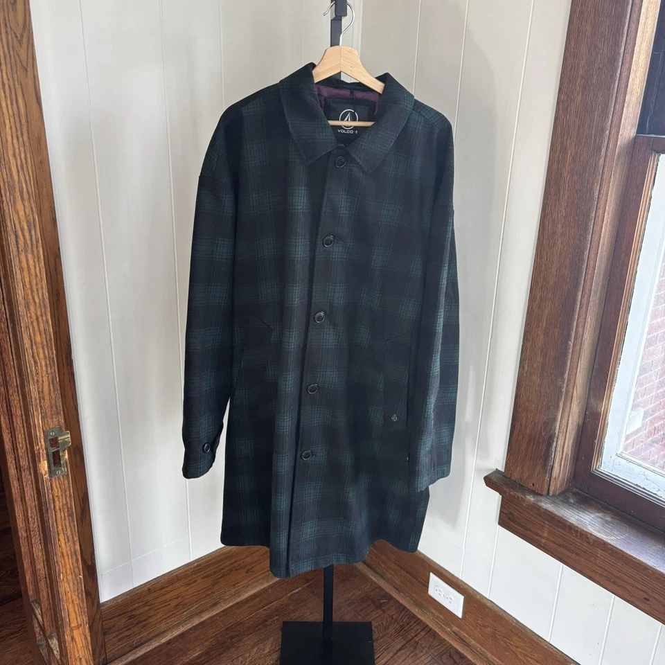 Volcom Stone Lords Men’s XL Green Plaid Wool-Blend Parka Jacket Long Coat NWT - Image 2 of 4