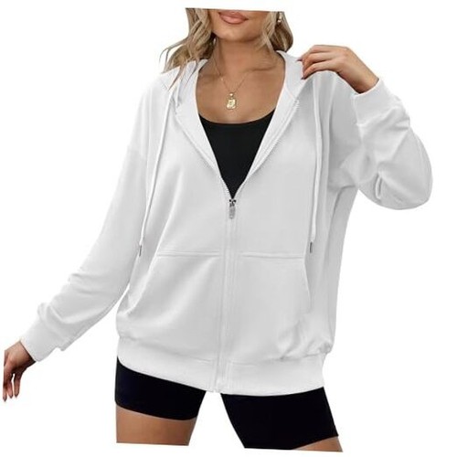 Women's Lightweight Hoodies Full Zip Up Oversized Sweatshirts Medium White