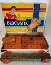 Vintage Block Stix Pull Toy Construction Kit 1950s No. 1 Wood Made in USA OLD