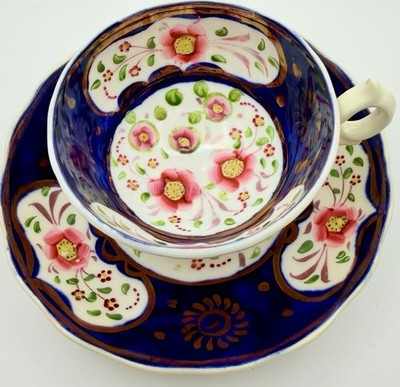 Antique c.1830 Gaudy Welsh Floret Pink Floral Cobalt Blue Cup & Saucer; Teacup 1