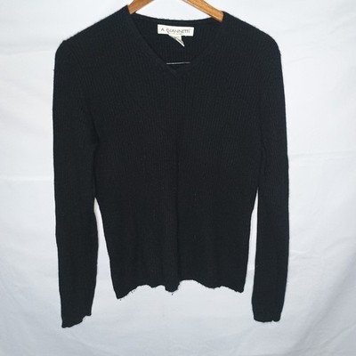 Vtg A. Giannetti Black 100% Cashmere V-Neck Sweater M Quiet Luxe 2ply Hong Kong 