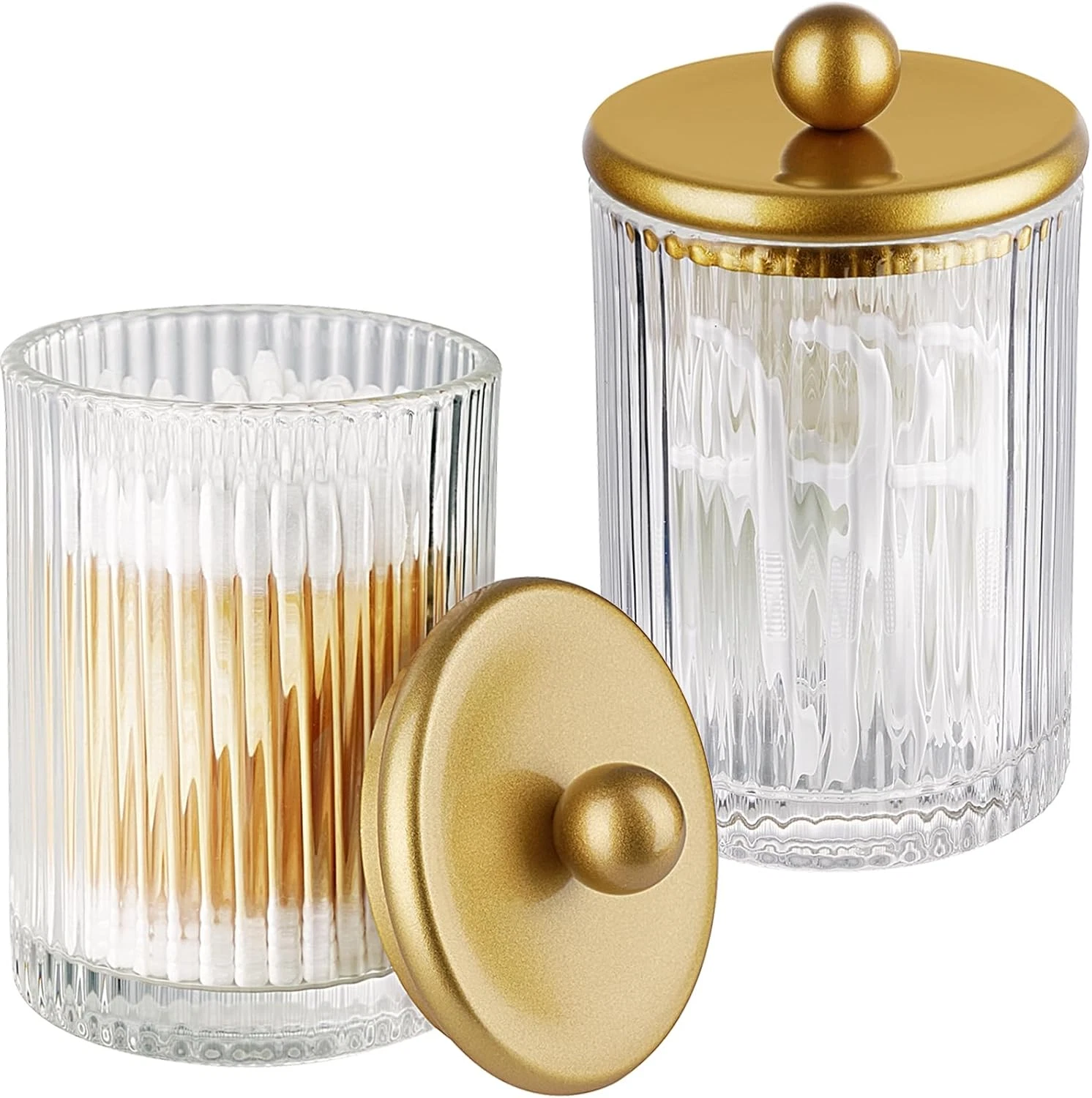 2-Pack Gold Ribbed Glass Qtip Holder - Apothecary Jars Bathroom Organizer with M
