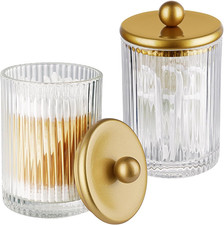 2-Pack Gold Ribbed Glass Qtip Holder - Apothecary Jars Bathroom Organizer with M