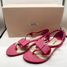 MIU MIU Ribbon Detail Flat Sandals EU Size 37.5 Peonia Pink Leather with Box