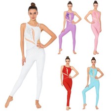 Women Applique Gymnastic Leotard Asymmetric Shoulders Figure Skating Jumpsuit