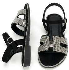 Womens Flat Sandals Ankle Strap Ladies Rhinestone Open Toe Summer Comfort Shoes