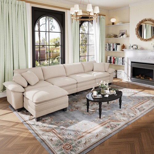 Modular Sectional Sofa Corduroy Cloud Couch with Chaise and Cushion 1/4/5/6-Seat - Picture 20 of 35