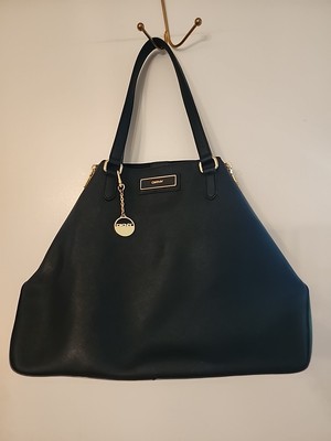DKNY Black Saffiano Leather Double Zip Double Strap Women's Tote Handbag EUC 