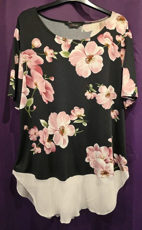 YOURS Black Floral Top with White Hem – Size 16 - NWOT image 2