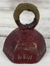 Rare! Antique "Happy New Year" Etched Brass Painted Red Dinner Bell