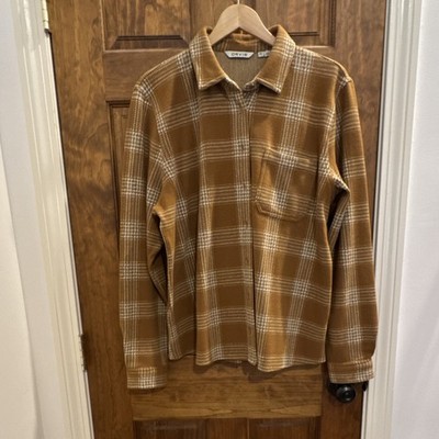 Orvis XL Mustard Brown White Plaid Flannel Button-Up Shirt Women s Long Sleeve