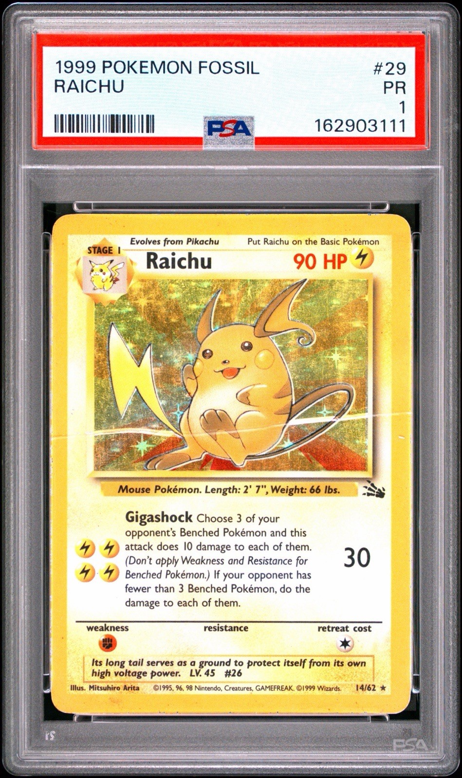Pokemon Raichu Fossil Unlimited 29/62 PSA 1