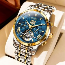 OLEVS9965 Automatic Watch Two Tone Blue Dial Skeleton Stainless Steel Waterproof