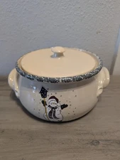 Home & Garden Party Snowman Stoneware Bean Pot w/ Lid 2001 Hand Made USA 8”