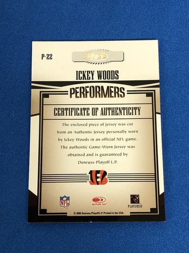 2005 Donruss Gridiron Gear Performers Ickey Woods Name Plate 26/36 #P-22 - Picture 4 of 5