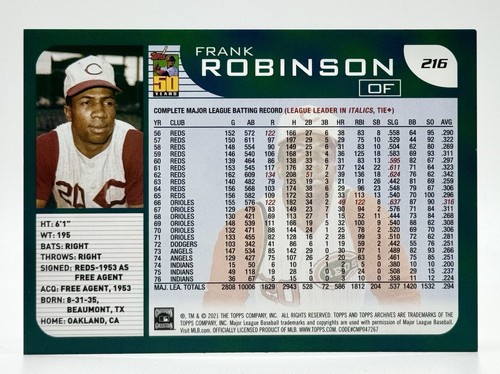 2021 Topps Archives #216 Frank Robinson Cincinnati Reds - Picture 2 of 2
