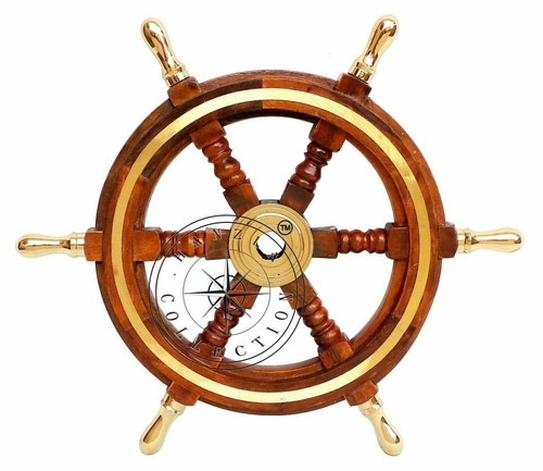 24"Brass Wooden Nautical Ship Steering Wheel Pirate Décor Wood Fishing Wall Boat - Picture 5 of 7