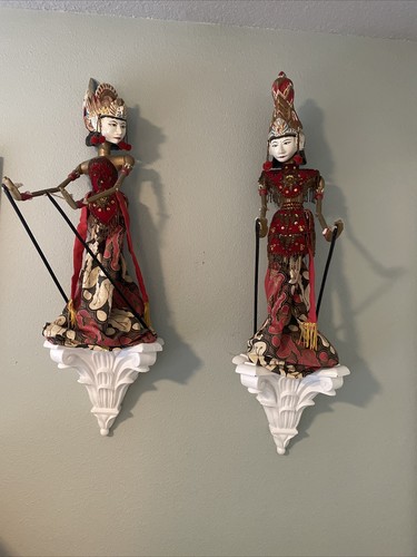 Pair Of Indonesian Hand Painted Wooden Puppets Asian Beautiful Approx 24” Tall