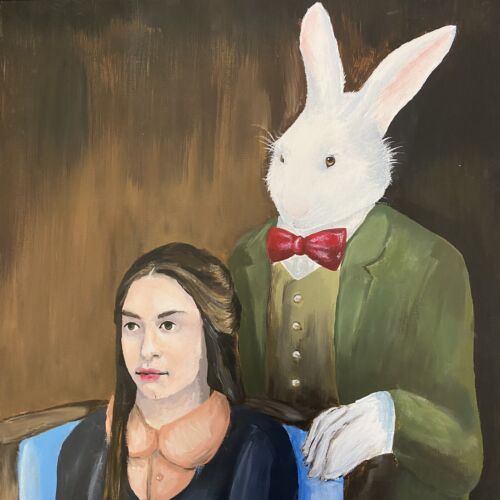 HARVEY Anthropomorphic Giant Rabbit & VETA Oil Painting on Canvas Signed 36 x 24 - Picture 2 of 9