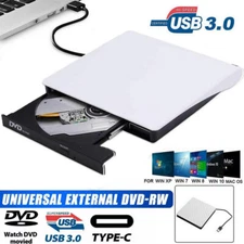 US Slim For Laptop External CD DVD RW Drive USB 3.0 Writer Burner Player White.