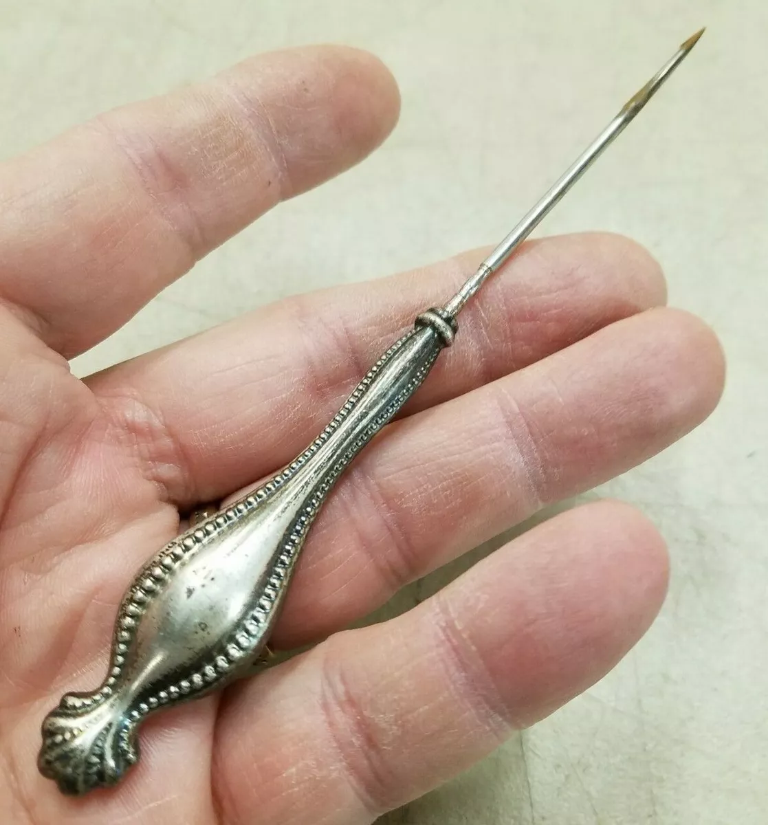 Antique Sterling Silver Awl Stiletto Punch Sewing Tool Art Nouveau Signed