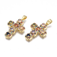 10Pcs Nickel Free Cross Colorful Brass Micro Pave Cubic Zirconia Pendants 27mm