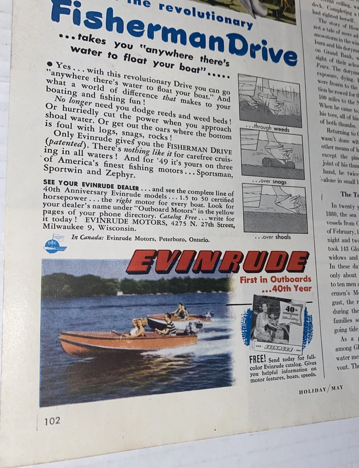 De colección 1940 EVINRUDE Impresión AD Motor Fueraborda Navegación 1949 Milwaukee WI Zephyr Foto 3 de 3