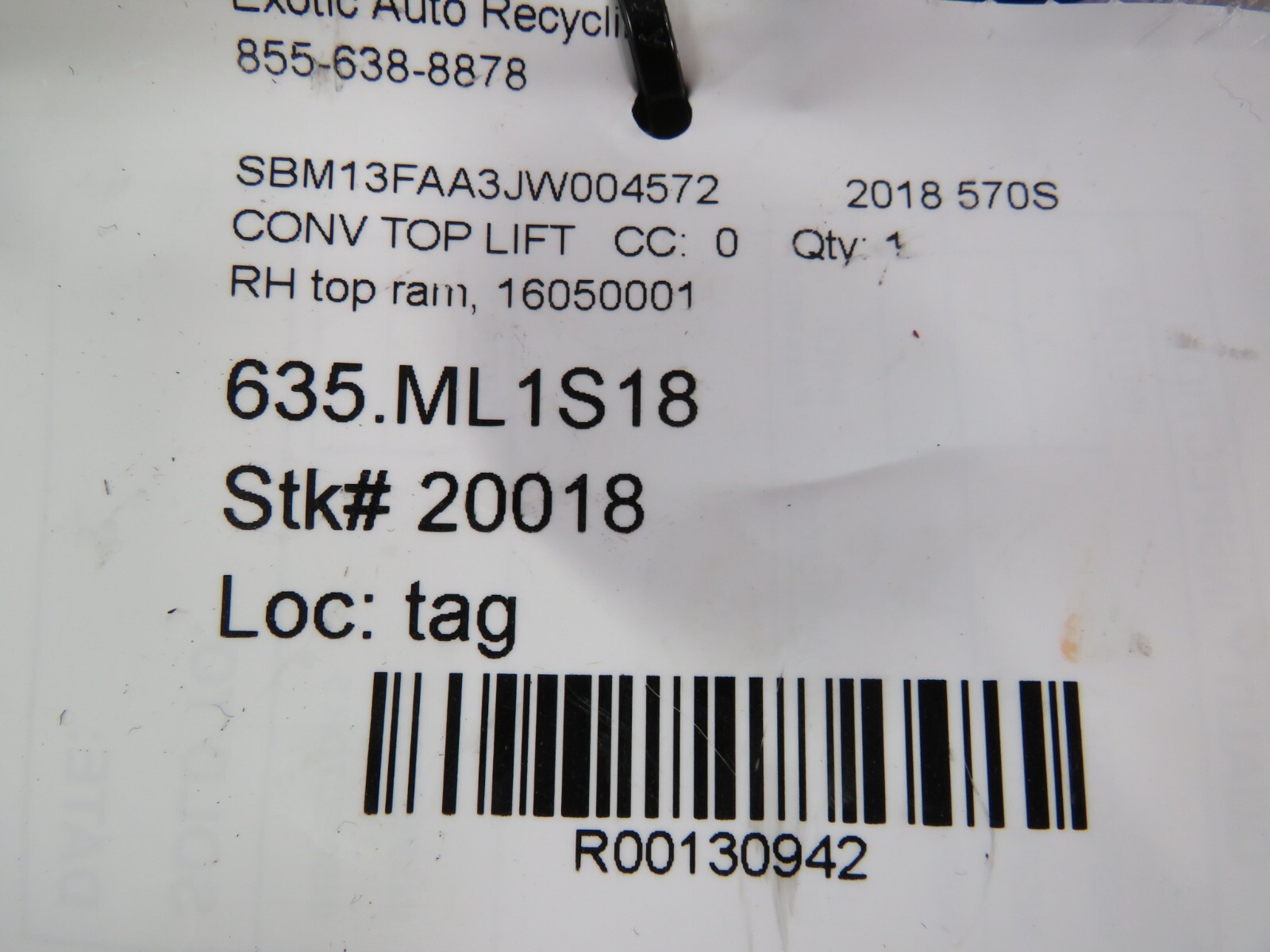 Mclaren 570S, RH, Right, Hydraulic Top Ram w/ Lines, Used, P/N 16050001
