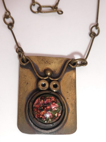 Artisan Studio Modernist Brass Link Chain Geometric Pendant OWL Beetle Handcraft - Picture 7 of 13