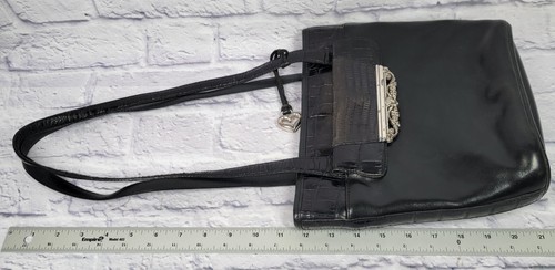Vintage Brighton Black Leather Shoulder Bag Purse Heart Charm Croc Snake 129807 - Picture 14 of 16