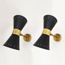 1950's Pair of Wall Light Lamp Italian Stilnovo Diablo Matte Black in Raw Brass