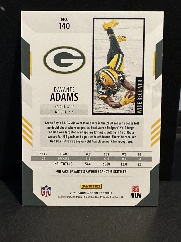 2021 Score Davante Adams #140 Green Bay Packers 383/575 Gold Parallel WR - Image 2 of 2