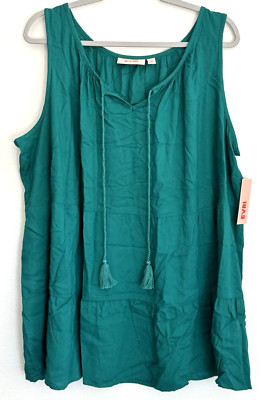 EVRI O'Hanna Sleeveless Tank Top -Women's Plus Size 2X - Green Drawstring Tiered